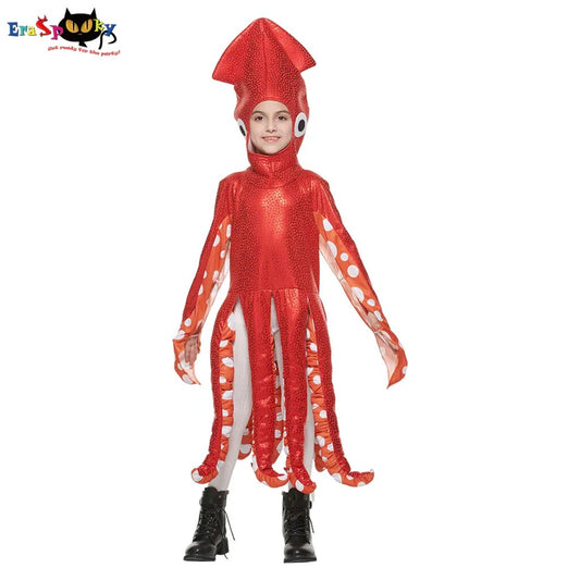 Eraspooky Child Squid Costume Halloween Costume For Kids Hood Tunic Outfit Girls Cute Red Octopus Costume