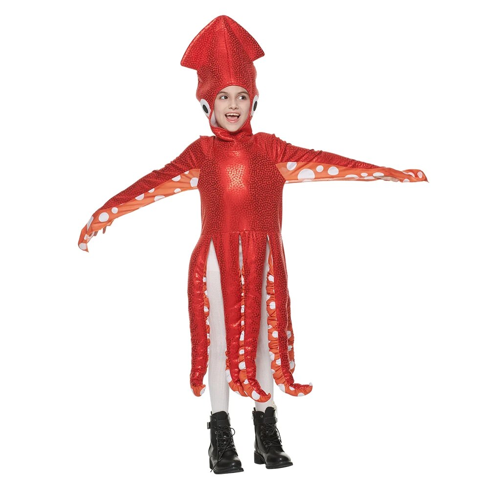 Eraspooky Child Squid Costume Halloween Costume For Kids Hood Tunic Outfit Girls Cute Red Octopus Costume