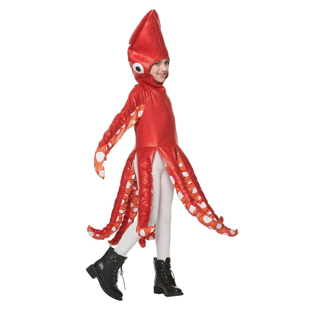 Eraspooky Child Squid Costume Halloween Costume For Kids Hood Tunic Outfit Girls Cute Red Octopus Costume