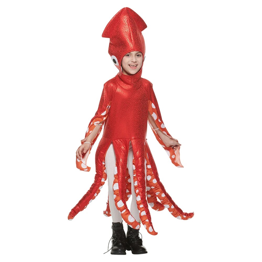 Eraspooky Child Squid Costume Halloween Costume For Kids Hood Tunic Outfit Girls Cute Red Octopus Costume